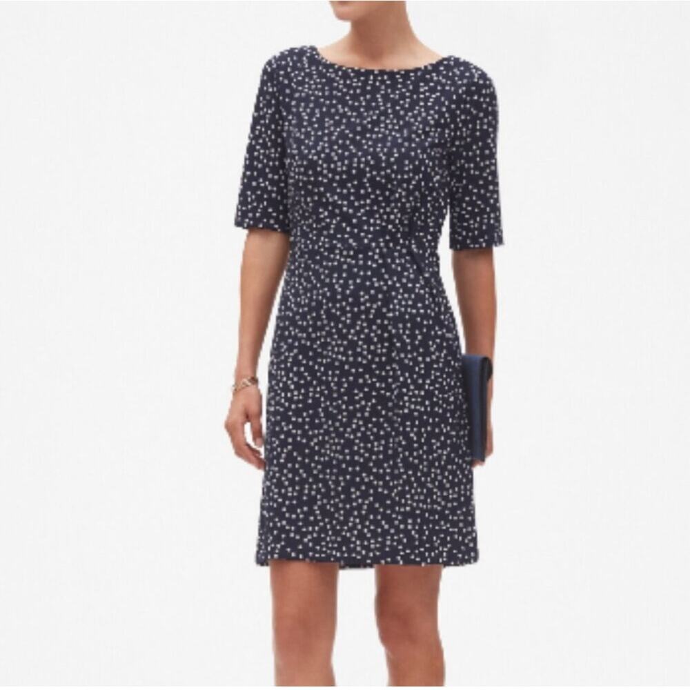 Banana Republic Factory polka dot print pleated waist sheath dress navy blue - Picture 6 of 6
